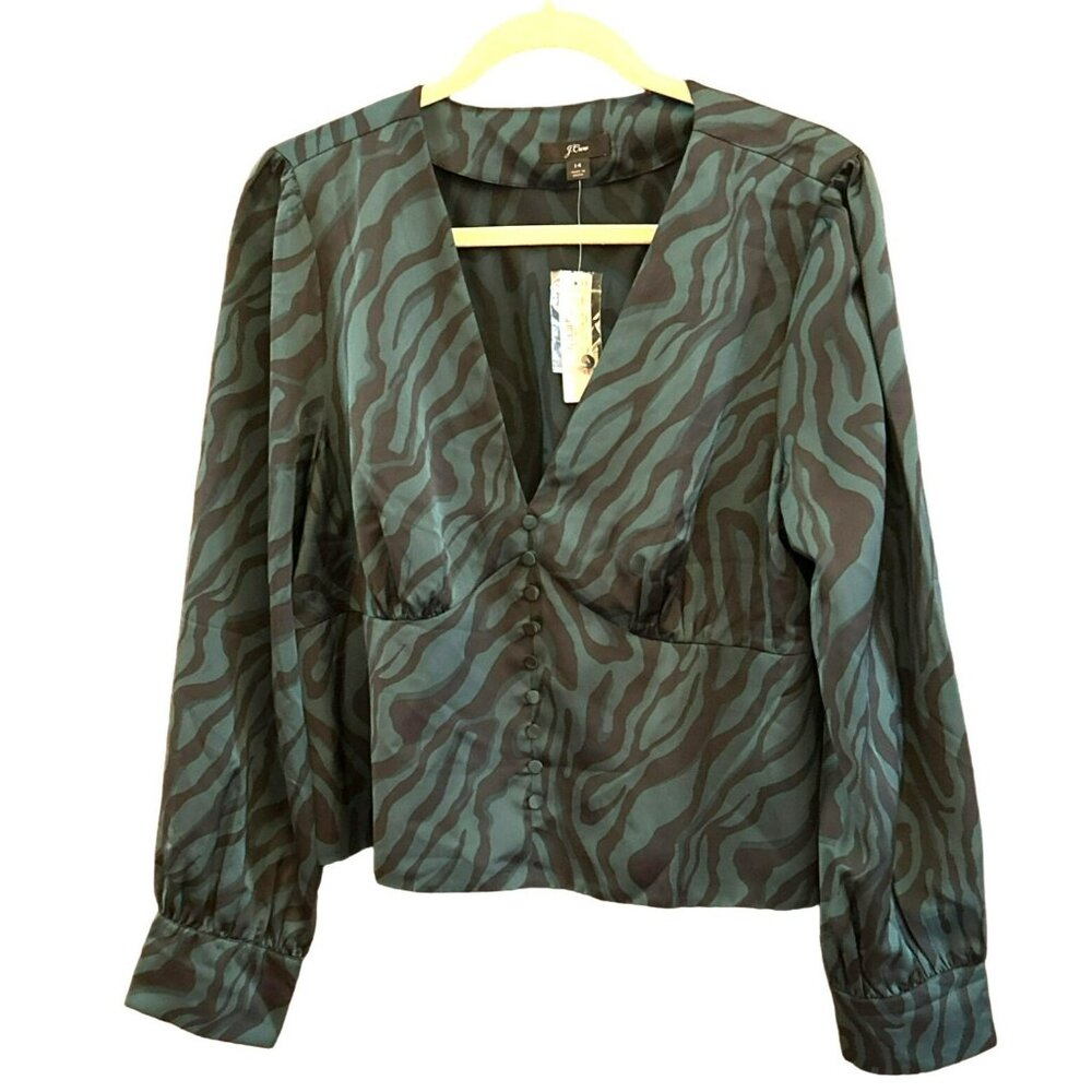 J Crew Women Zebra Print Button-Down Blouse Long Sleeve Sz 14 Cocktail Party NWT